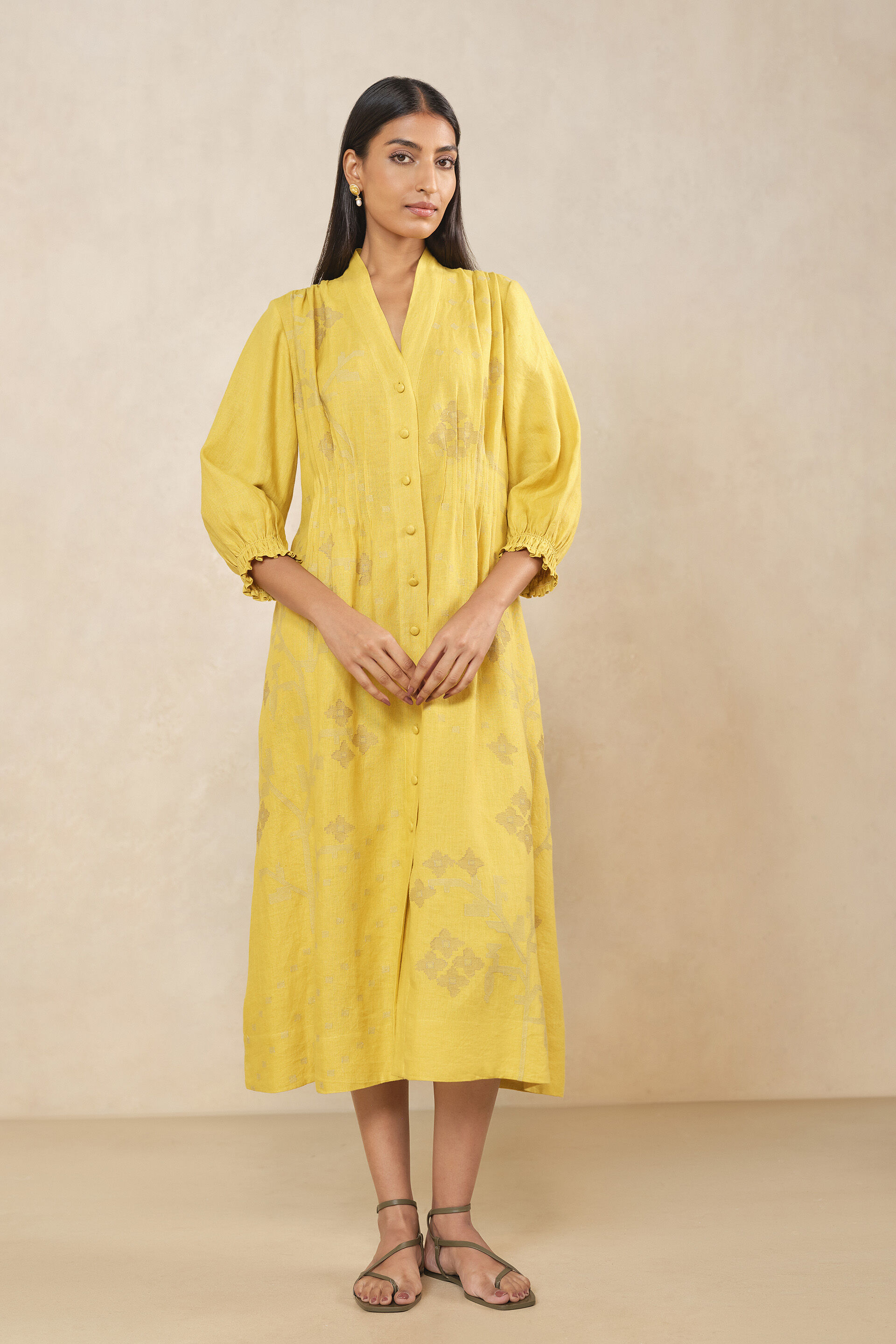 Haiku Embroidered Hemp Dress - Yellow